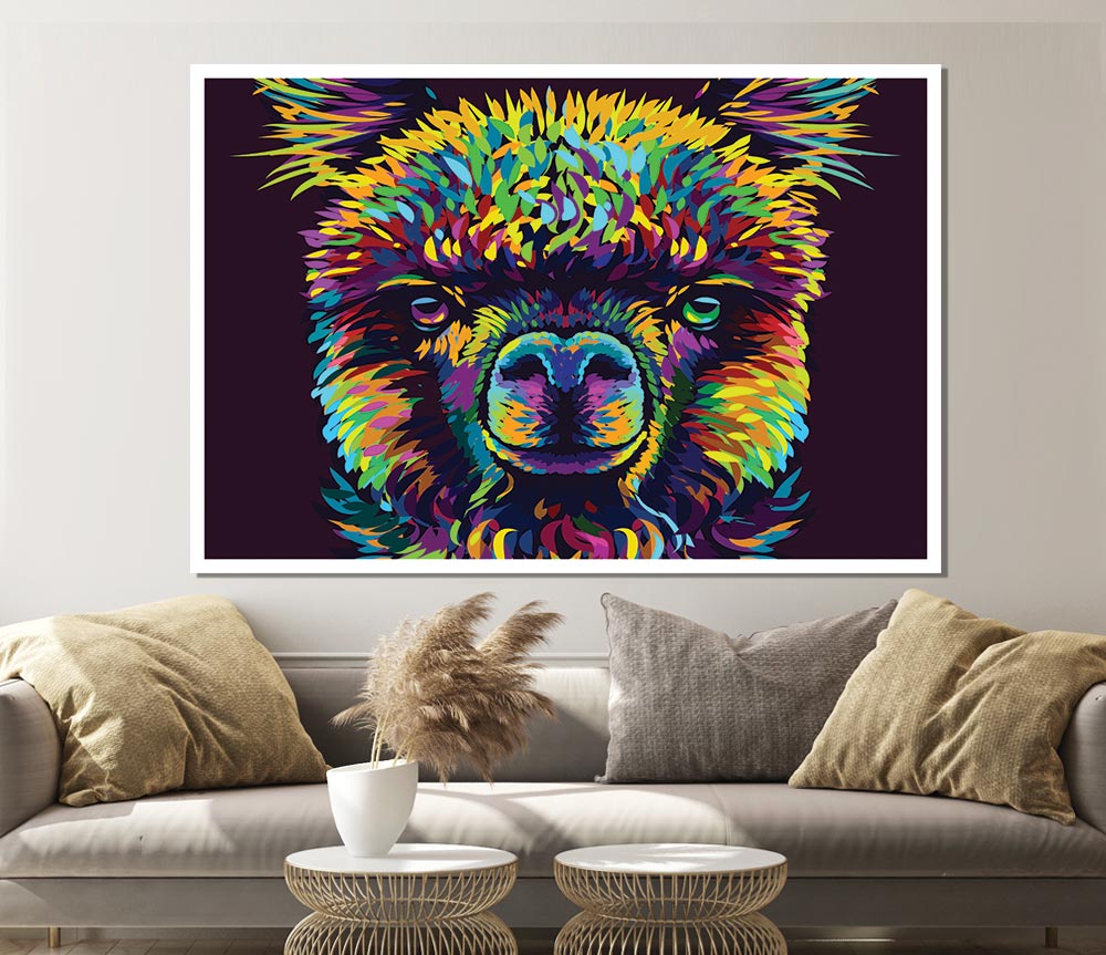 A colorful alpaca illustration on high-quality canvas, showcasing vibrant hues and artistic design.