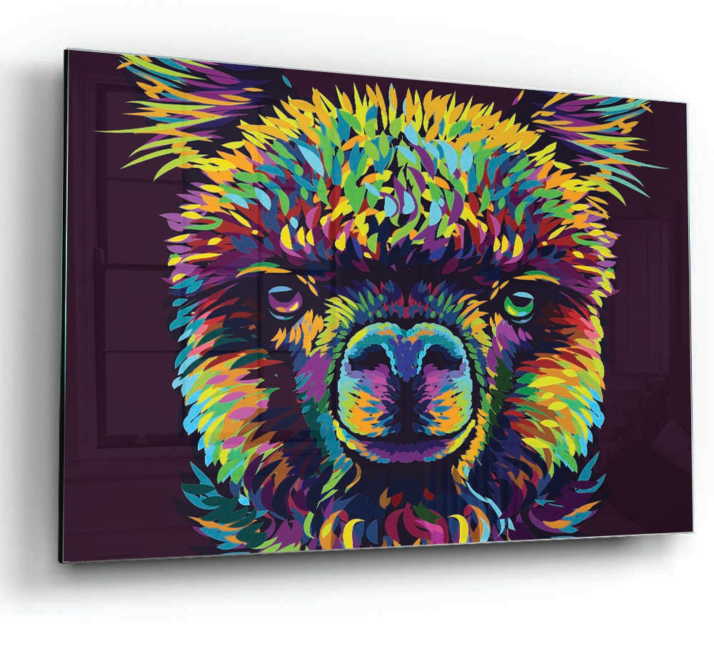 A vibrant glass print featuring a colorful alpaca design, perfect for modern home decor.