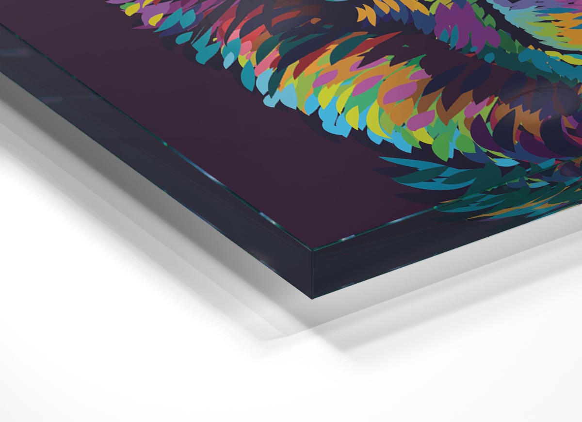 A vibrant glass print featuring a colorful alpaca design, perfect for modern home decor.