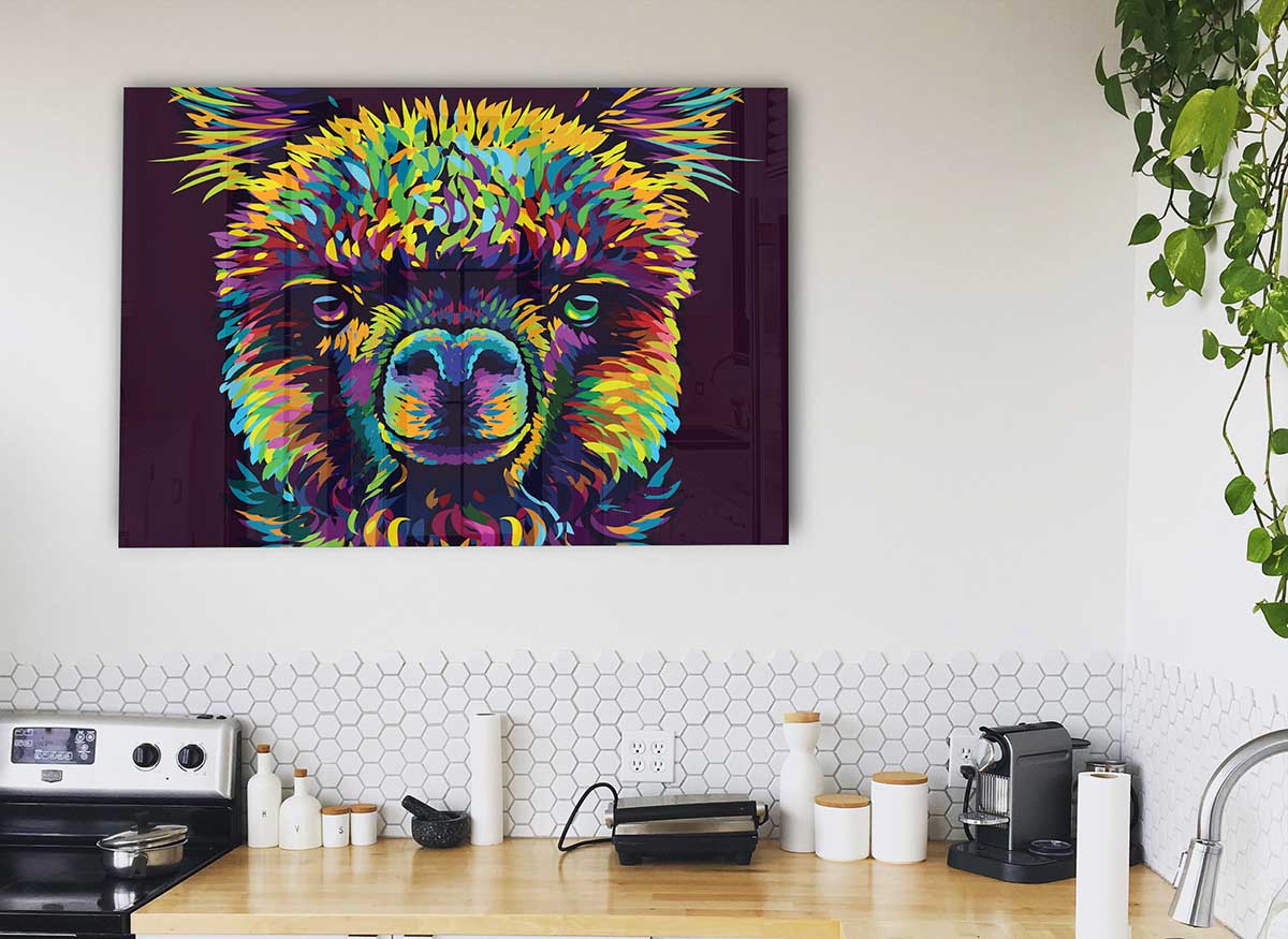 A vibrant glass print featuring a colorful alpaca design, perfect for modern home decor.