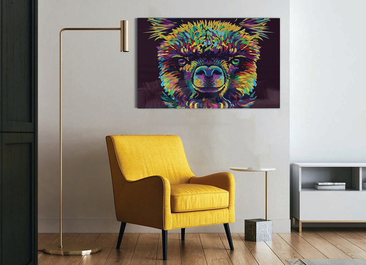 A vibrant glass print featuring a colorful alpaca design, perfect for modern home decor.