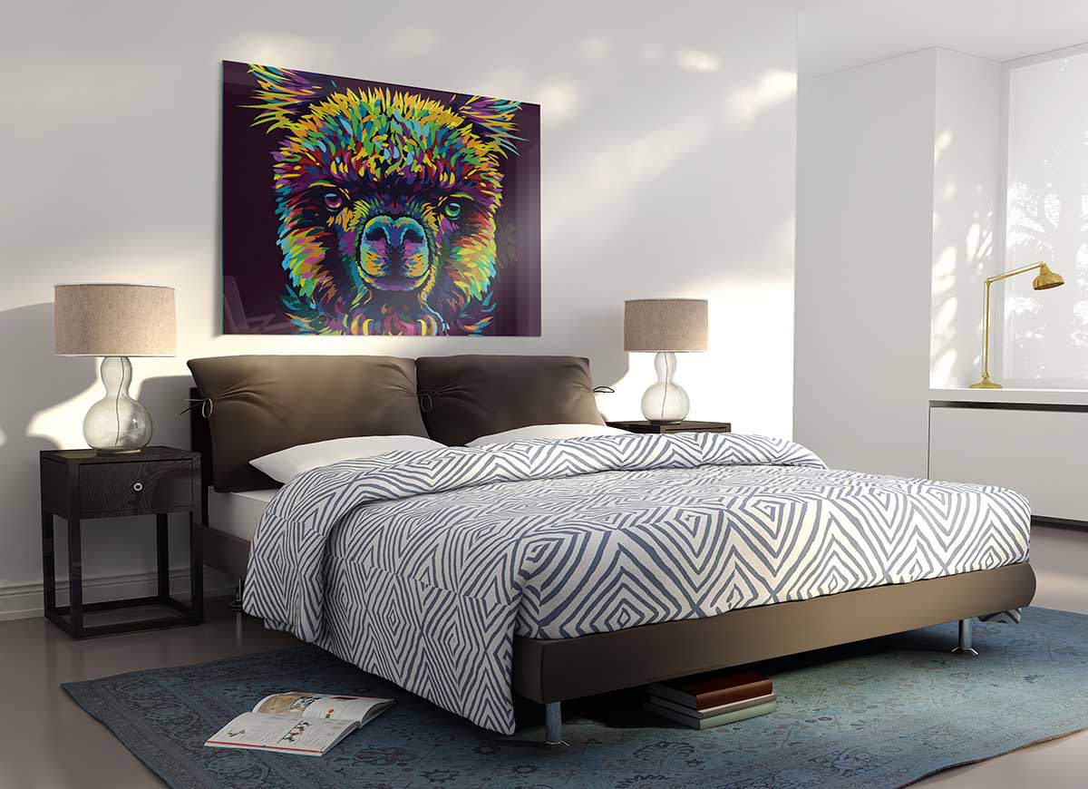 A vibrant glass print featuring a colorful alpaca design, perfect for modern home decor.