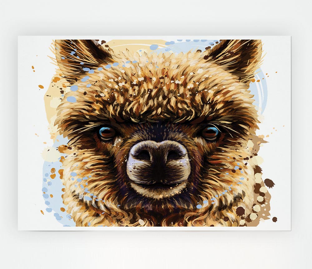 A vibrant canvas poster featuring an alpaca staring directly at the viewer, showcasing its soft fur and expressive eyes.