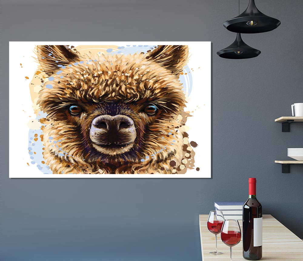 A vibrant canvas poster featuring an alpaca staring directly at the viewer, showcasing its soft fur and expressive eyes.