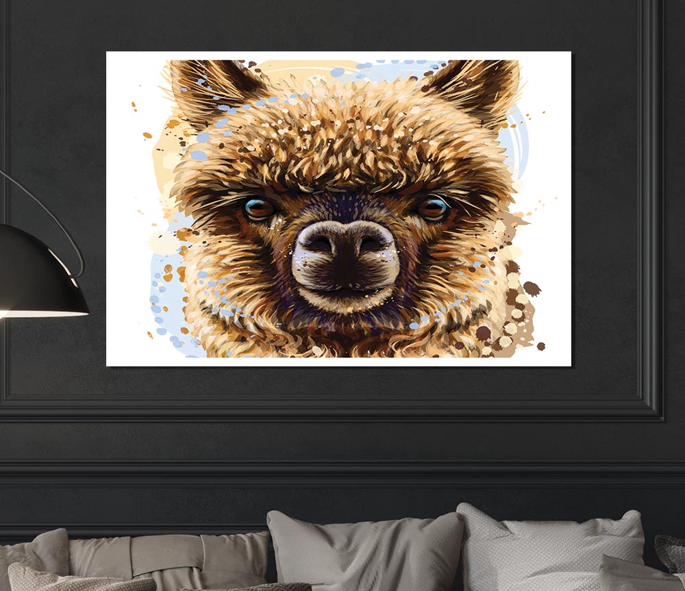 A vibrant canvas poster featuring an alpaca staring directly at the viewer, showcasing its soft fur and expressive eyes.