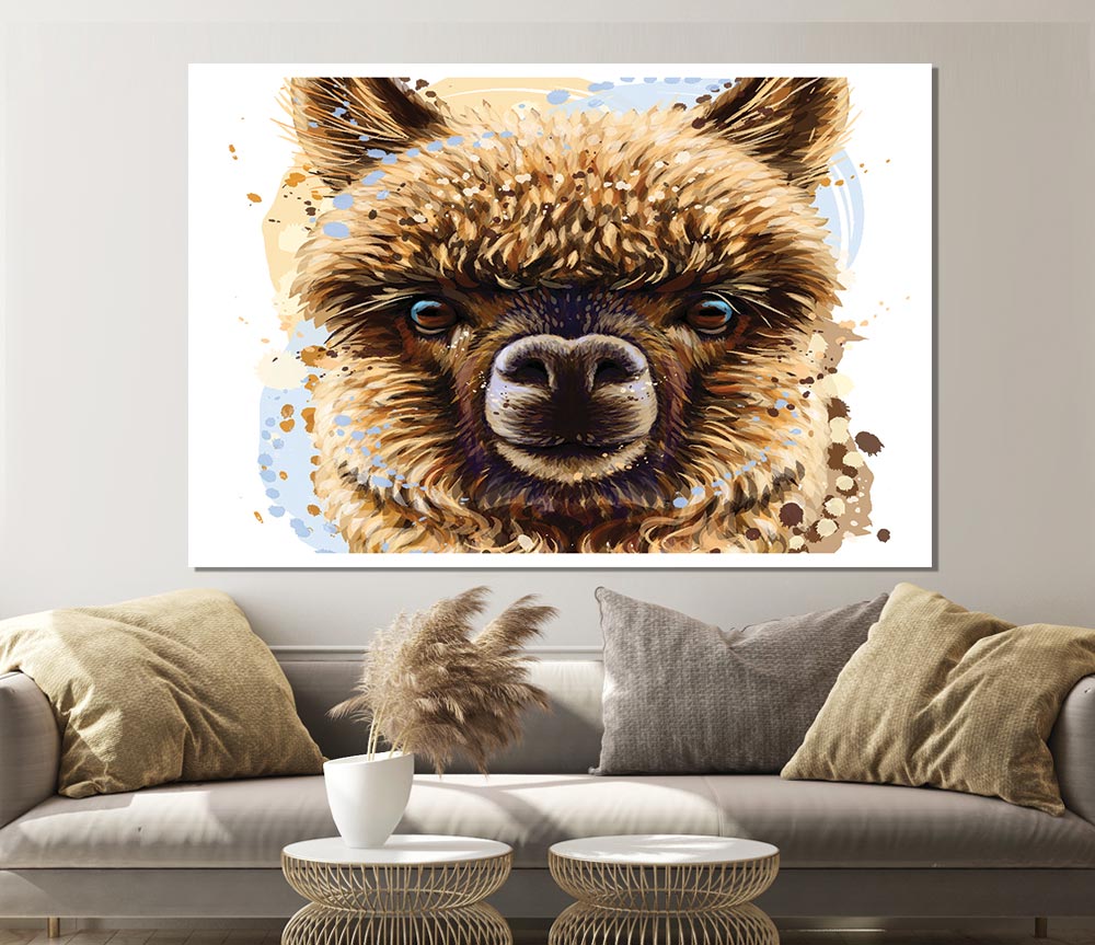 A vibrant canvas poster featuring an alpaca staring directly at the viewer, showcasing its soft fur and expressive eyes.