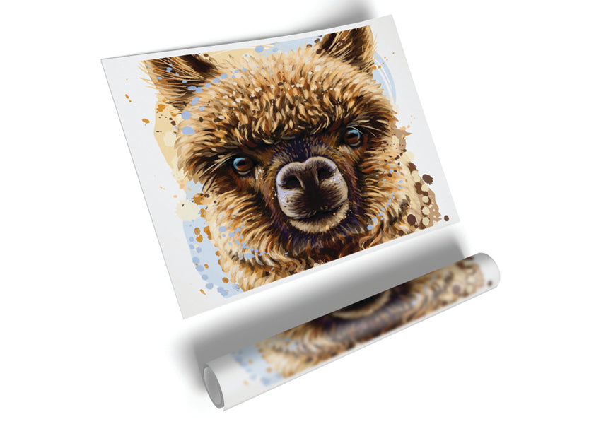 A vibrant canvas poster featuring an alpaca staring directly at the viewer, showcasing its soft fur and expressive eyes.