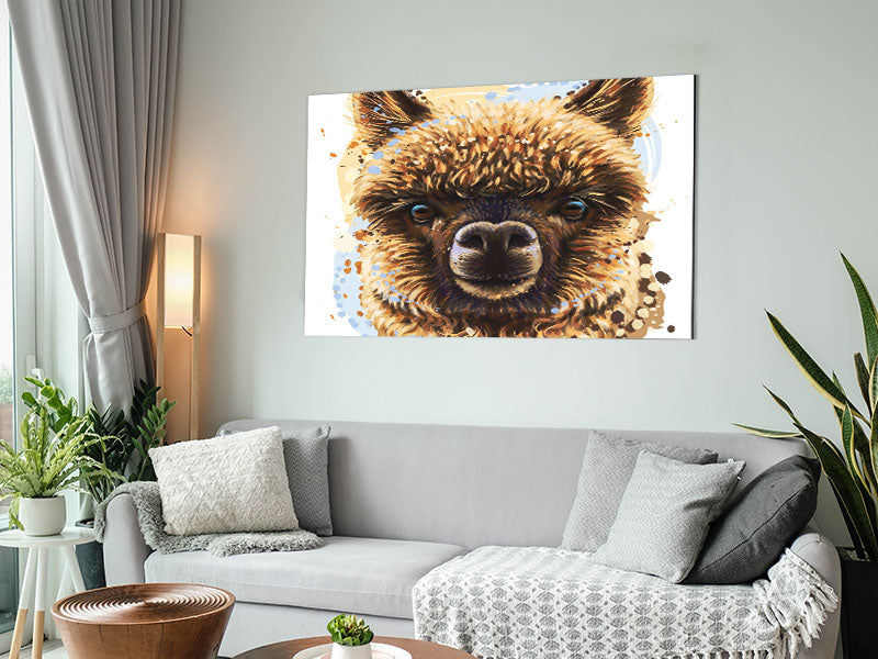 A modern art print of an alpaca's face on brushed aluminium dibond, showcasing vibrant colors and intricate details.