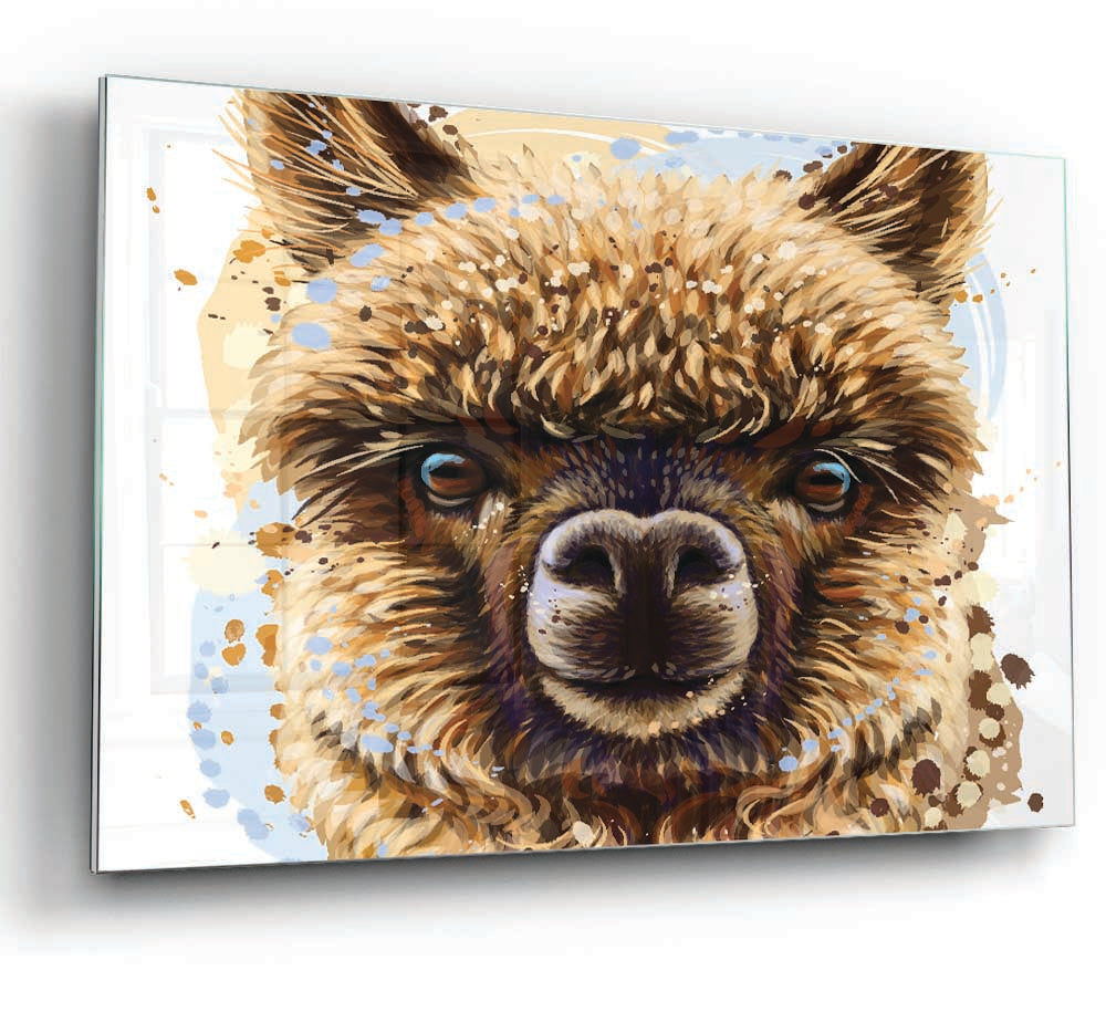 Stylish Alpaca Stare glass print featuring a detailed alpaca image, perfect for modern home decor.