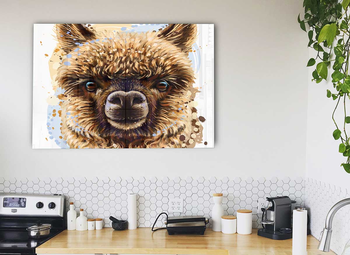 Stylish Alpaca Stare glass print featuring a detailed alpaca image, perfect for modern home decor.