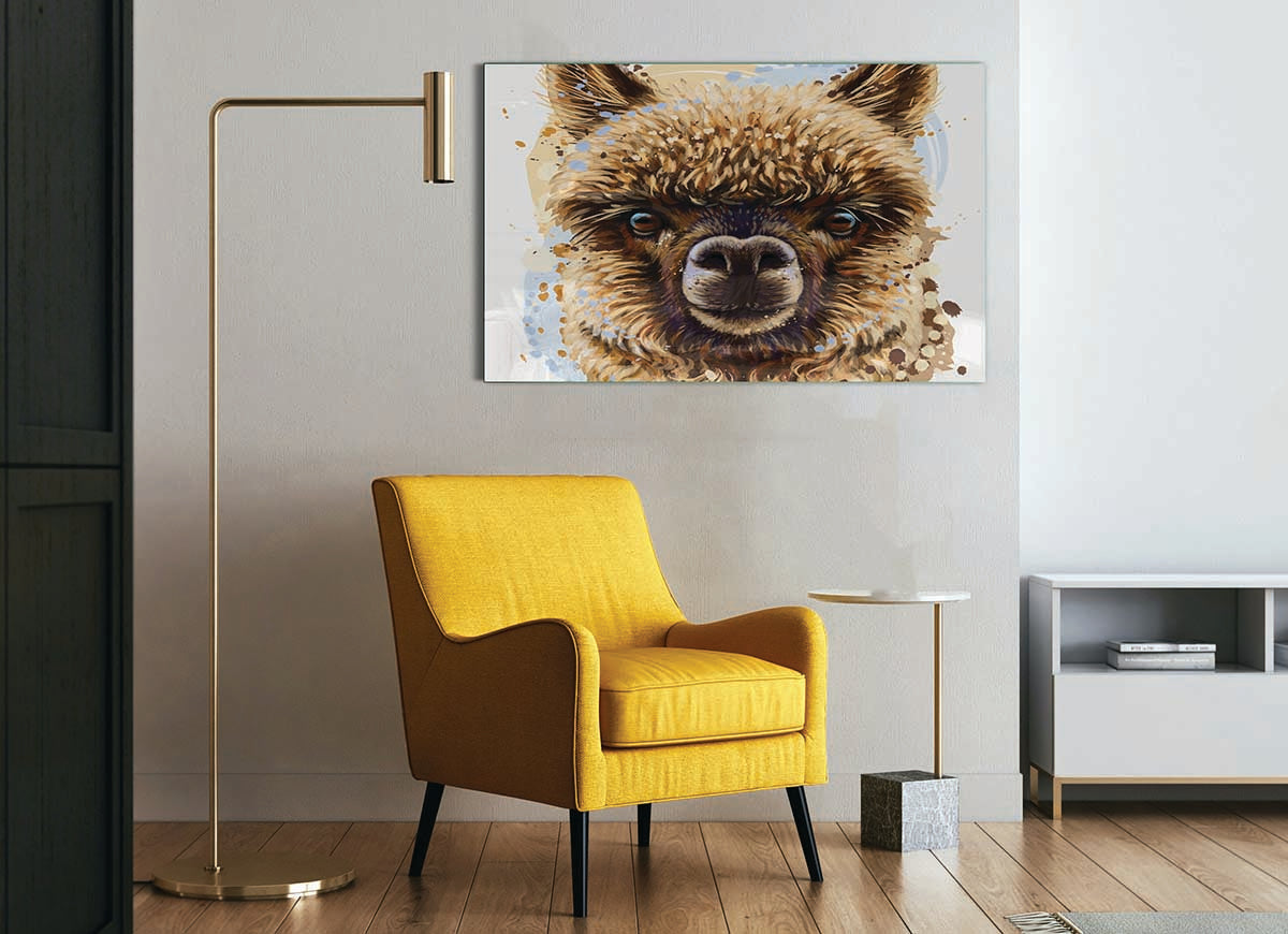 Stylish Alpaca Stare glass print featuring a detailed alpaca image, perfect for modern home decor.