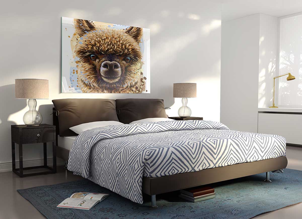 Stylish Alpaca Stare glass print featuring a detailed alpaca image, perfect for modern home decor.