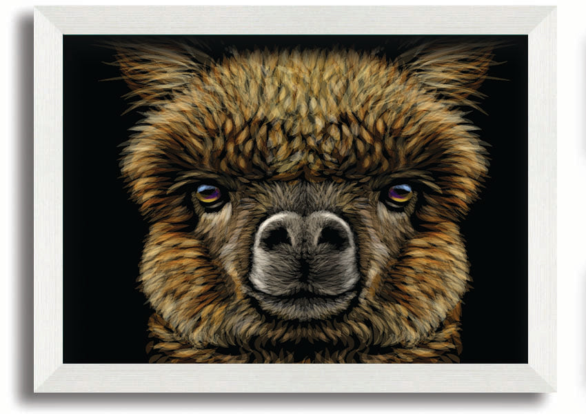 A beautifully framed print of an alpaca, showcasing its detailed features and vibrant colors, available in various frame colors.