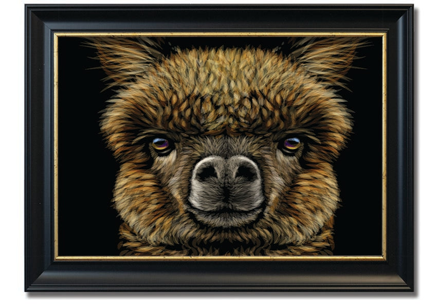 A beautifully framed print of an alpaca, showcasing its detailed features and vibrant colors, available in various frame colors.