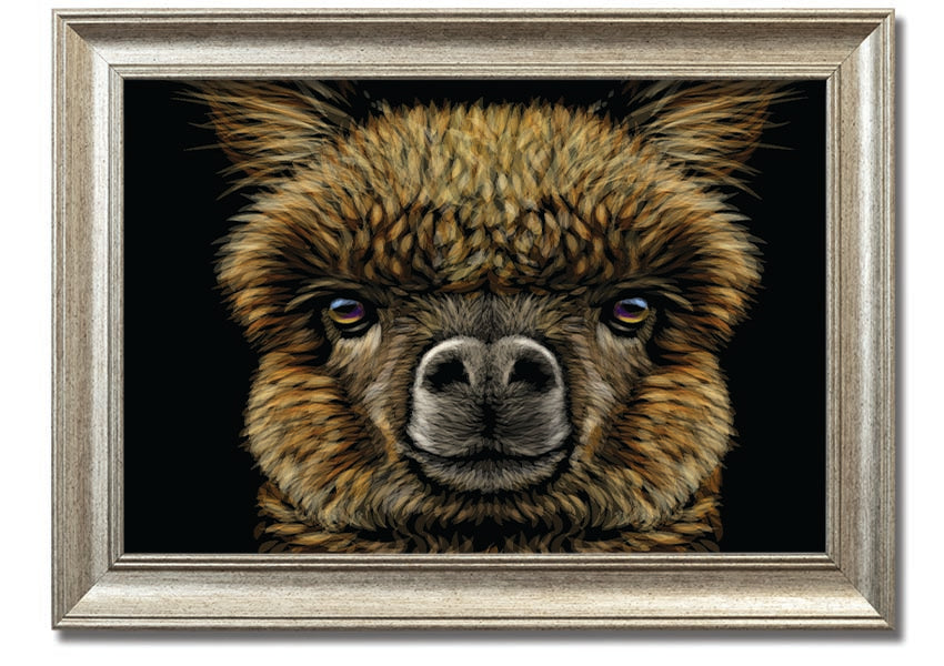 A beautifully framed print of an alpaca, showcasing its detailed features and vibrant colors, available in various frame colors.