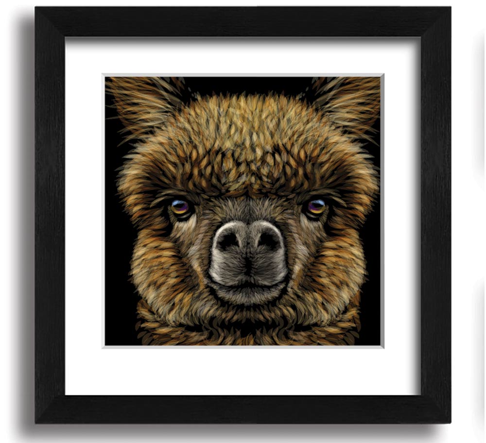 A beautifully framed print of an alpaca, showcasing its soft fur and gentle expression, ready to hang on a wall.