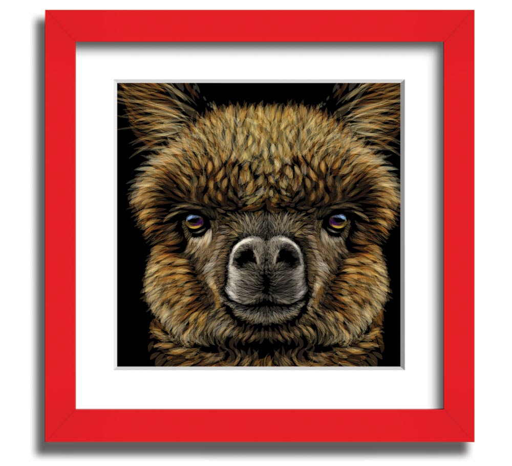 A beautifully framed print of an alpaca, showcasing its soft fur and gentle expression, ready to hang on a wall.