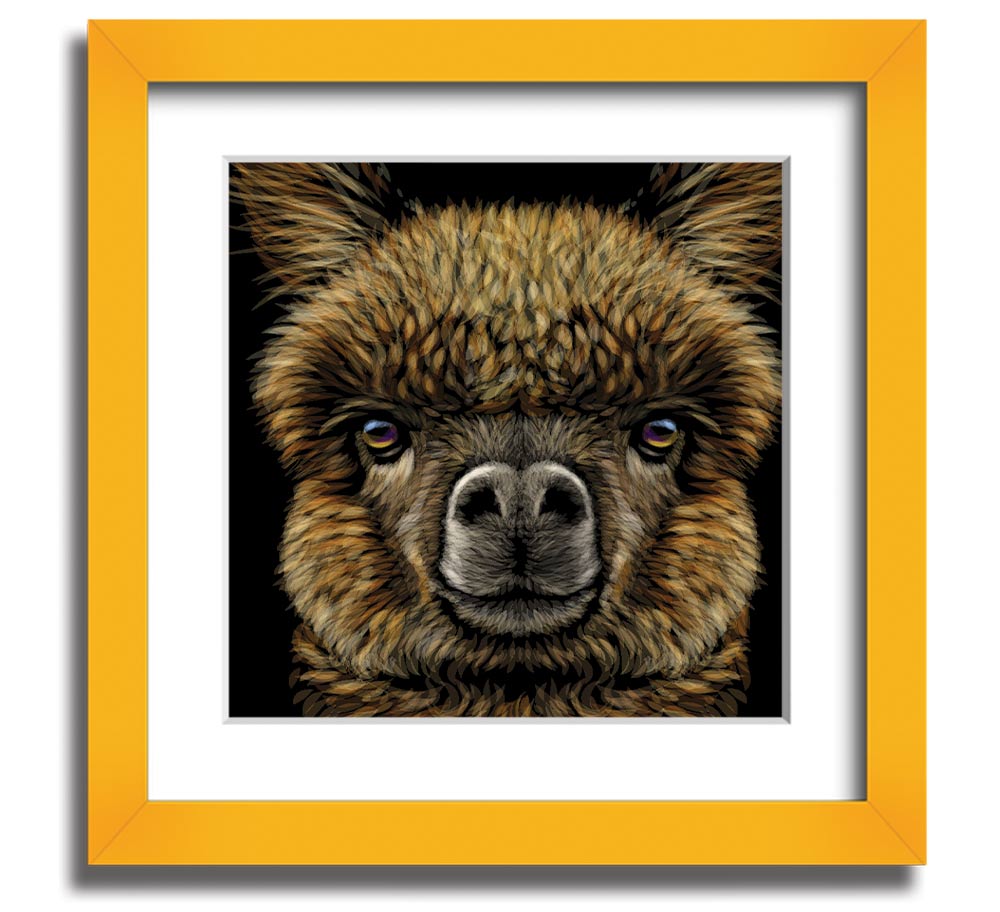 A beautifully framed print of an alpaca, showcasing its soft fur and gentle expression, ready to hang on a wall.