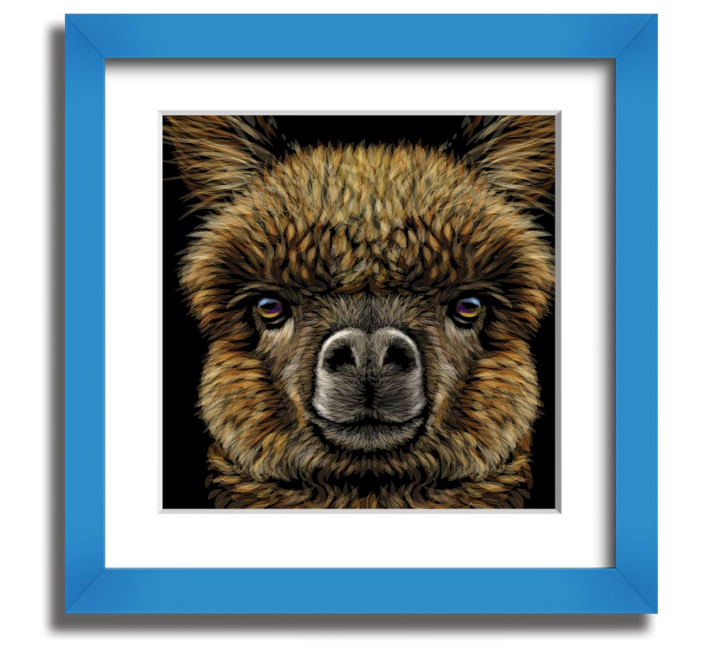 A beautifully framed print of an alpaca, showcasing its soft fur and gentle expression, ready to hang on a wall.