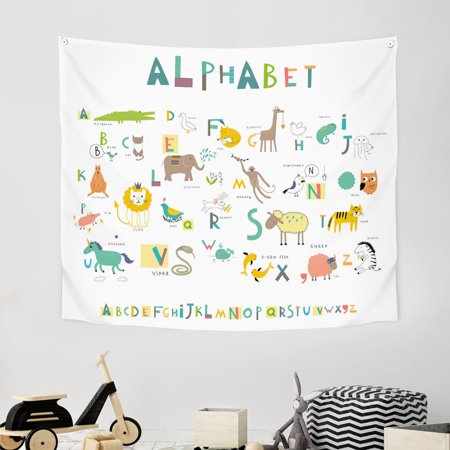 Colorful Alphabet fabric poster measuring 150cm x 130cm, featuring modern design and vibrant letters.