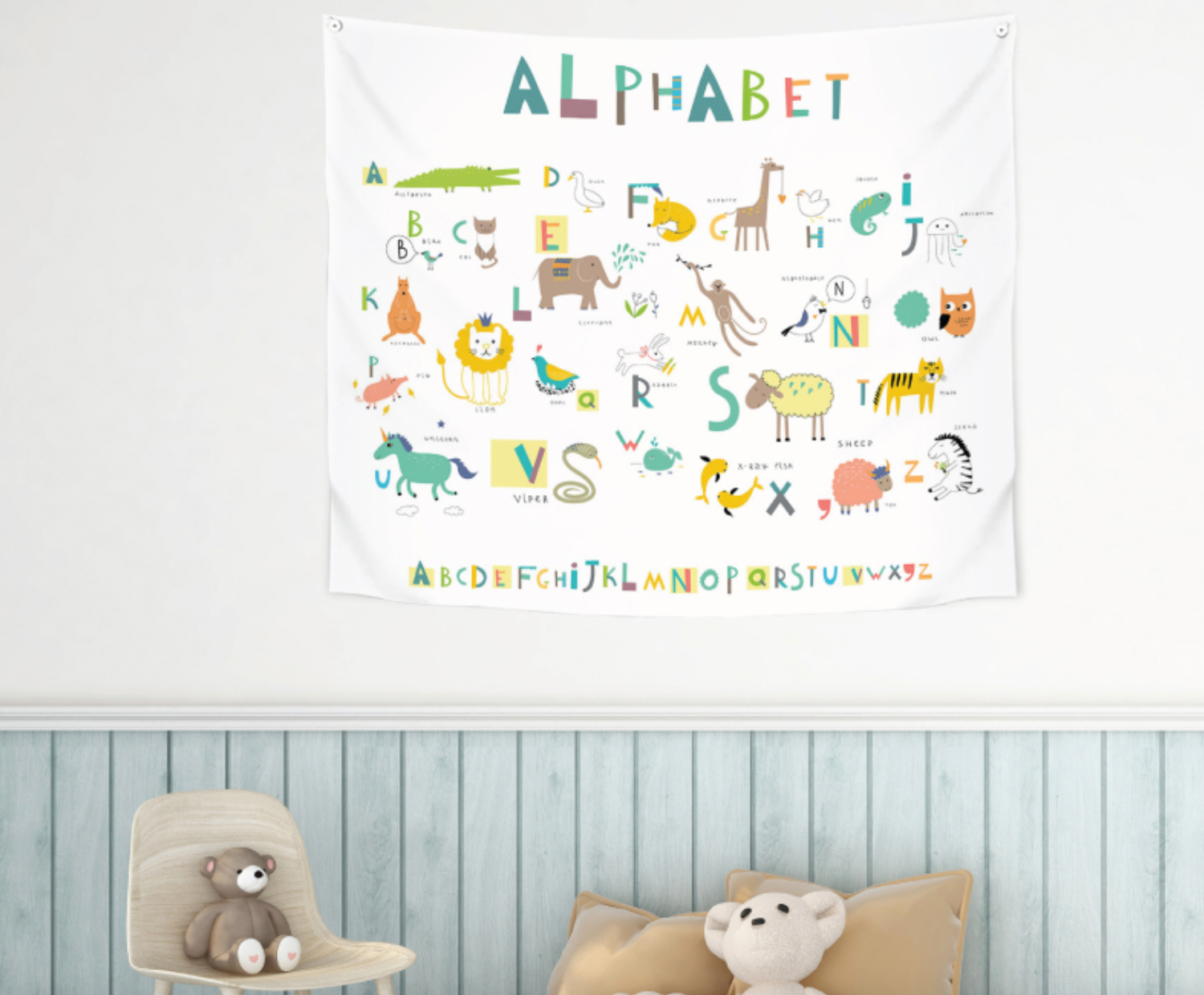 Colorful Alphabet fabric poster measuring 150cm x 130cm, featuring modern design and vibrant letters.