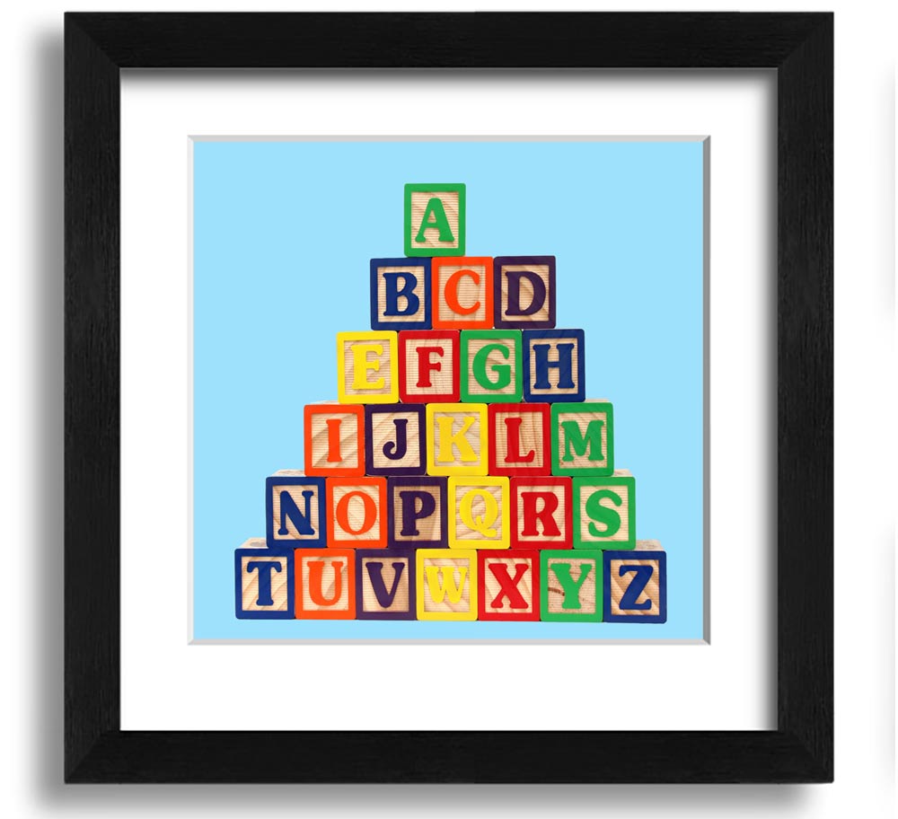 A square framed print featuring baby blue alphabet blocks, perfect for nursery decor.