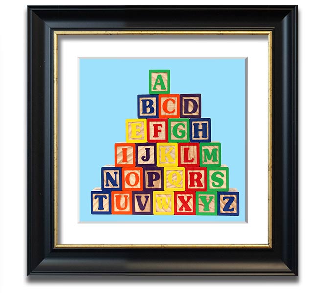 A square framed print featuring baby blue alphabet blocks, perfect for nursery decor.