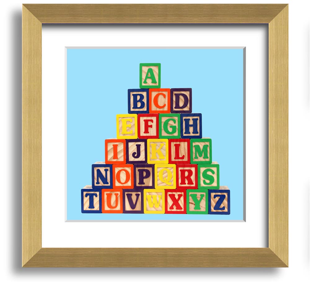 A square framed print featuring baby blue alphabet blocks, perfect for nursery decor.