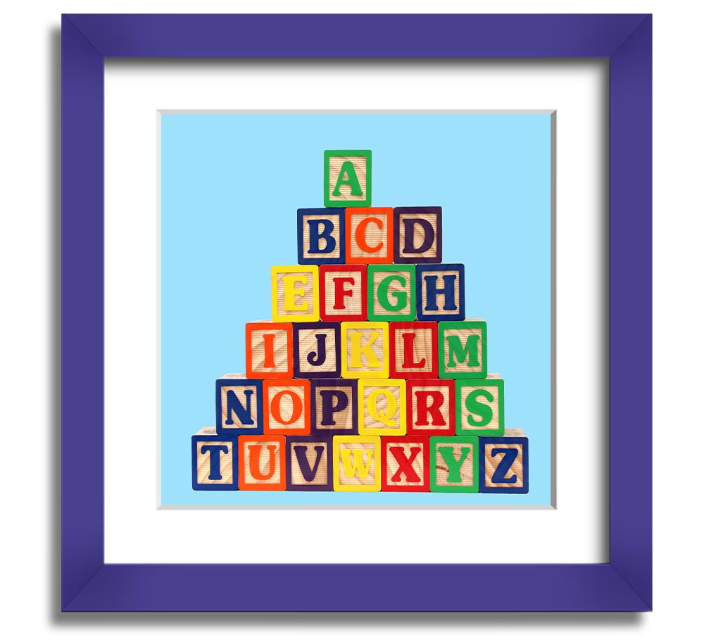 A square framed print featuring baby blue alphabet blocks, perfect for nursery decor.