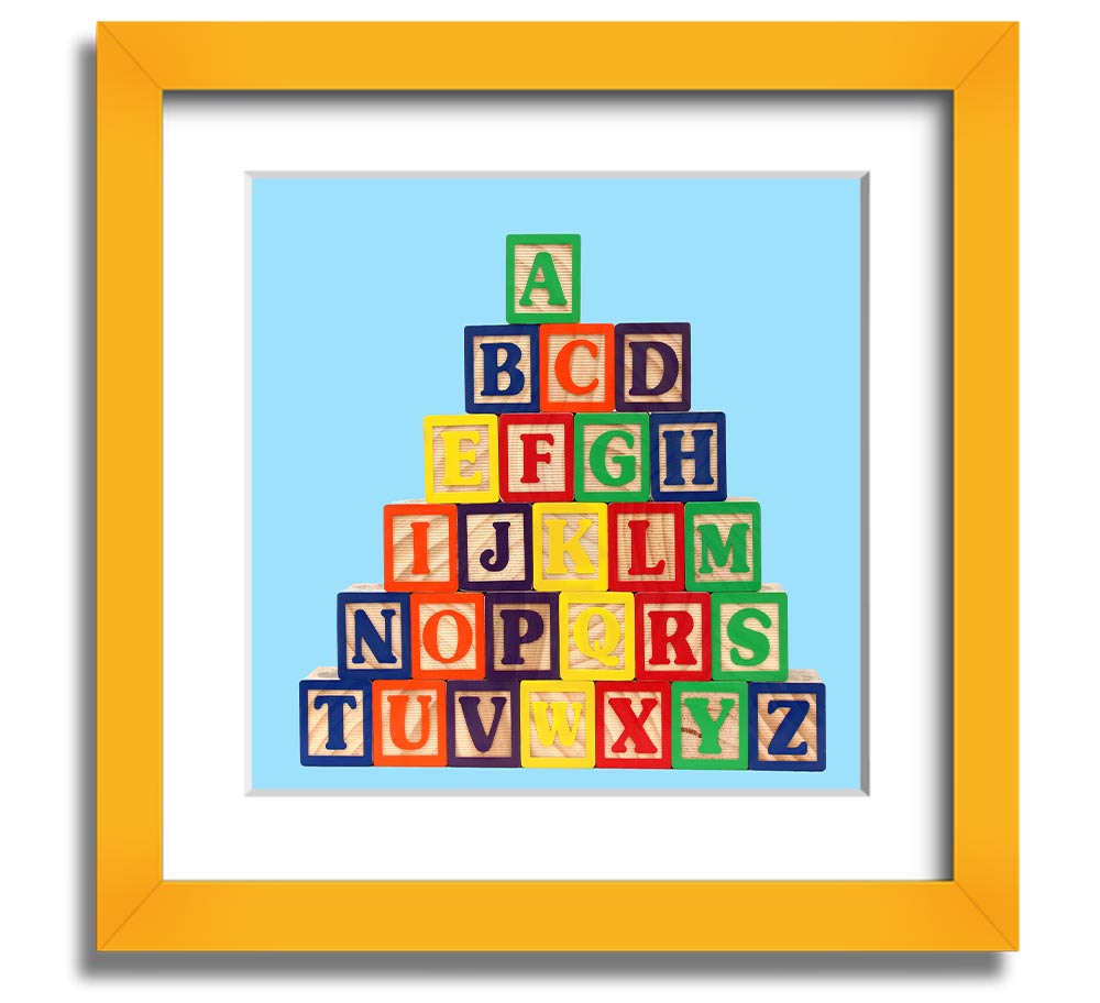 A square framed print featuring baby blue alphabet blocks, perfect for nursery decor.