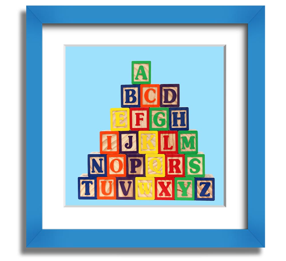 A square framed print featuring baby blue alphabet blocks, perfect for nursery decor.