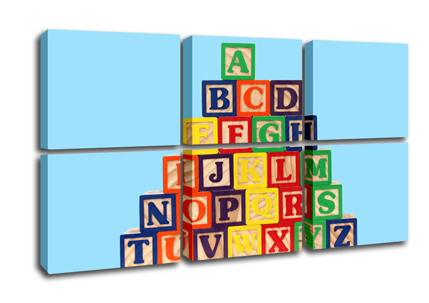 Alphabet Blocks Baby Blue canvas art mounted on a box frame, featuring colorful alphabet blocks design.