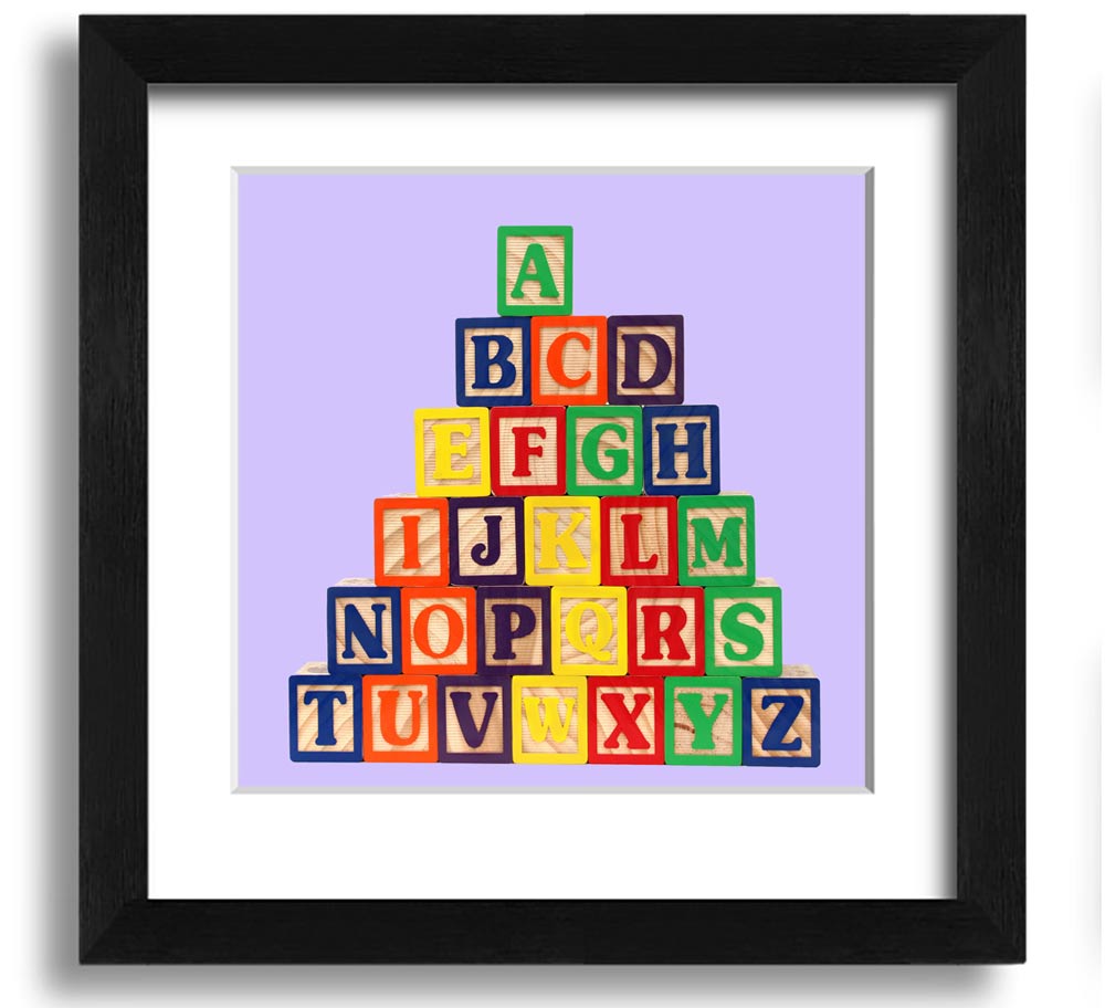 Lilac framed print featuring colorful alphabet blocks, perfect for nursery decor.