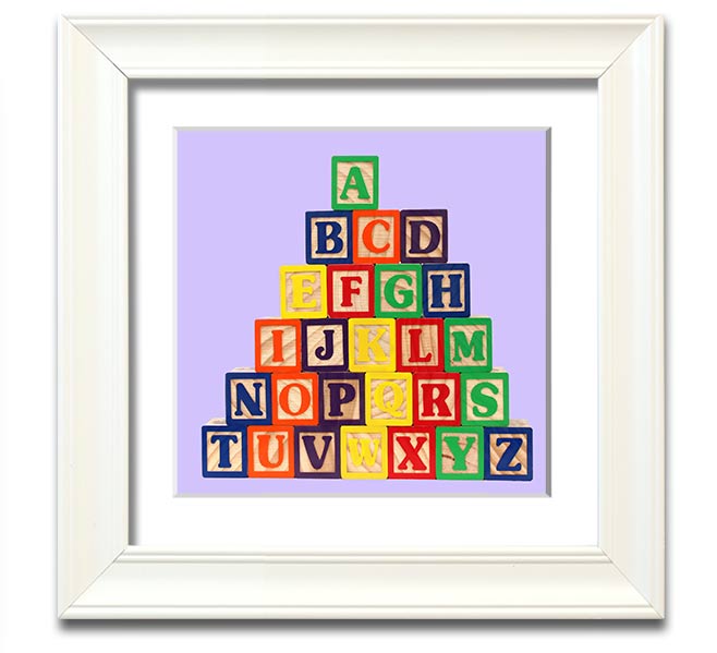 Lilac framed print featuring colorful alphabet blocks, perfect for nursery decor.