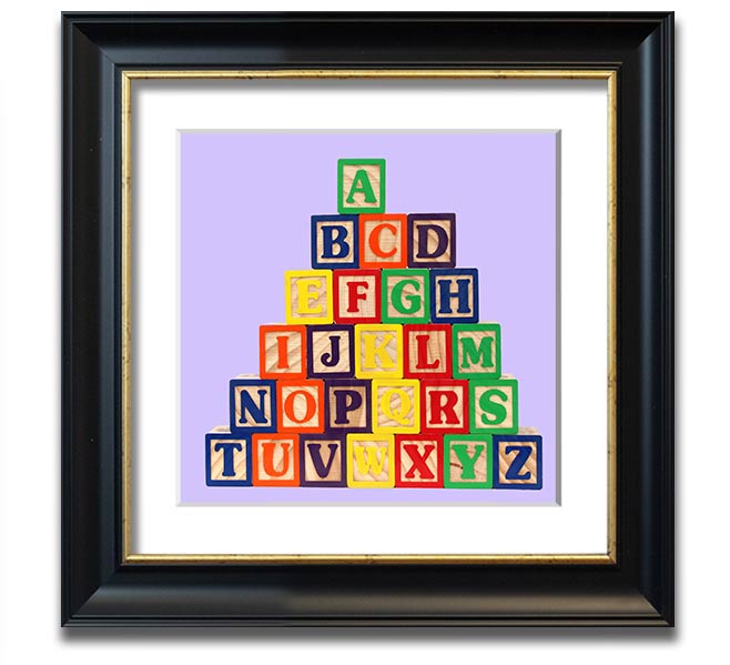 Lilac framed print featuring colorful alphabet blocks, perfect for nursery decor.