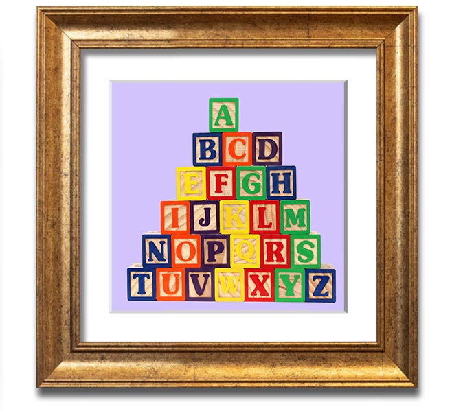 Lilac framed print featuring colorful alphabet blocks, perfect for nursery decor.