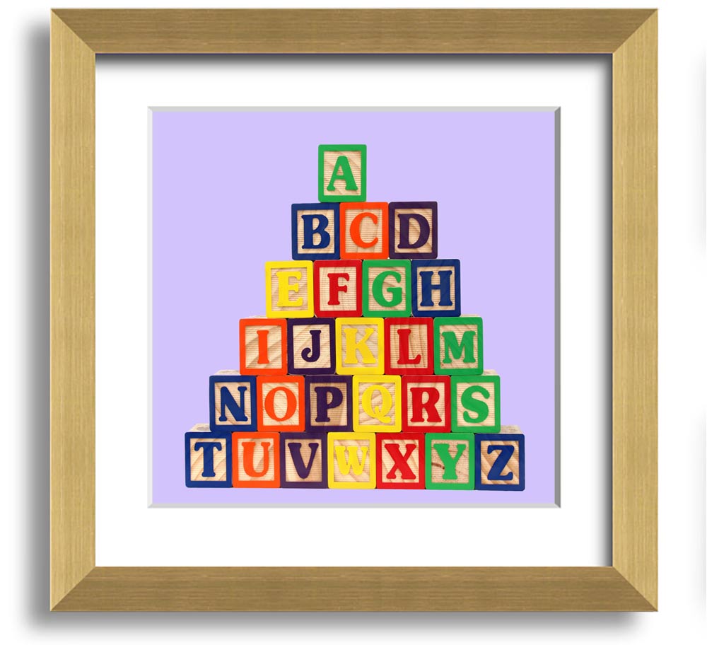 Lilac framed print featuring colorful alphabet blocks, perfect for nursery decor.