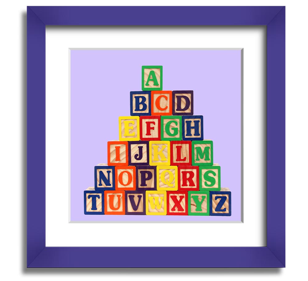 Lilac framed print featuring colorful alphabet blocks, perfect for nursery decor.