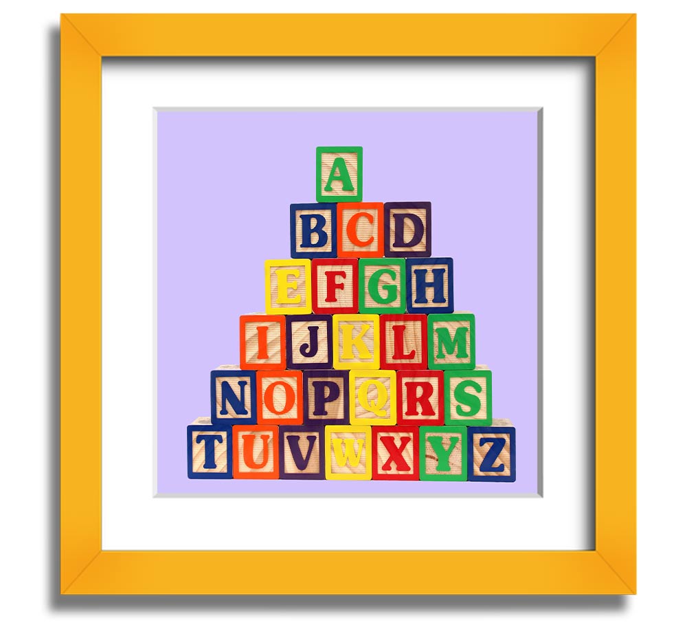 Lilac framed print featuring colorful alphabet blocks, perfect for nursery decor.