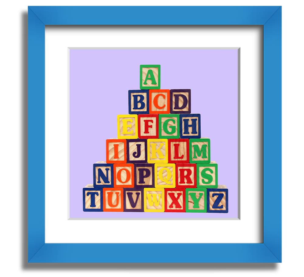 Lilac framed print featuring colorful alphabet blocks, perfect for nursery decor.