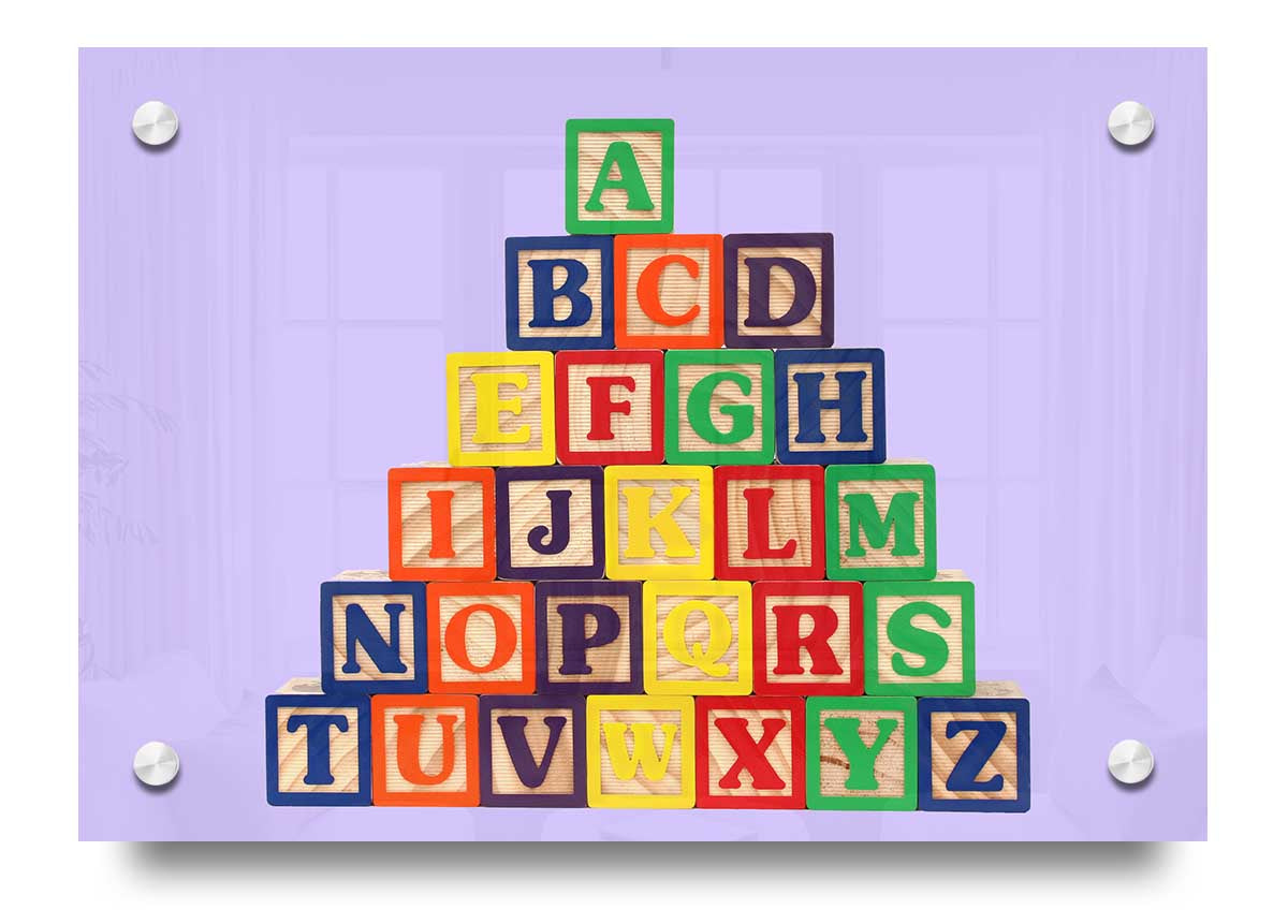 Vibrant lilac acrylic print featuring playful alphabet blocks, perfect for children's rooms.