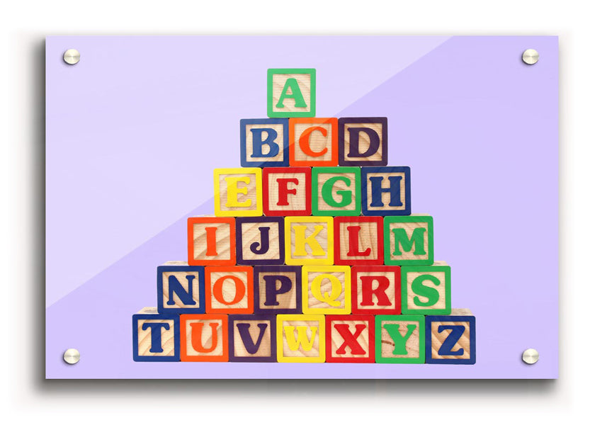 Vibrant lilac acrylic print featuring playful alphabet blocks, perfect for children's rooms.