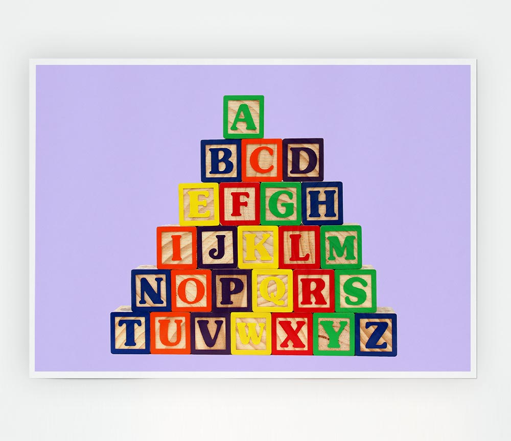 A charming lilac-colored poster featuring playful alphabet blocks, printed on high-quality canvas, perfect for nursery decor.