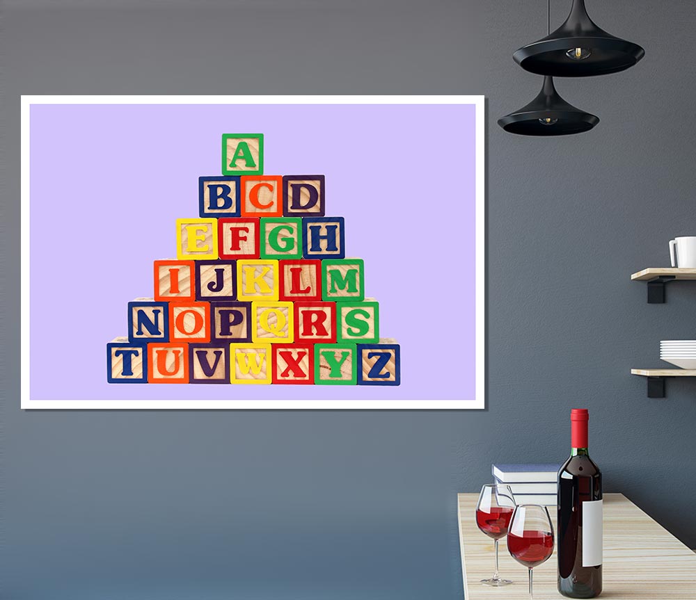 A charming lilac-colored poster featuring playful alphabet blocks, printed on high-quality canvas, perfect for nursery decor.