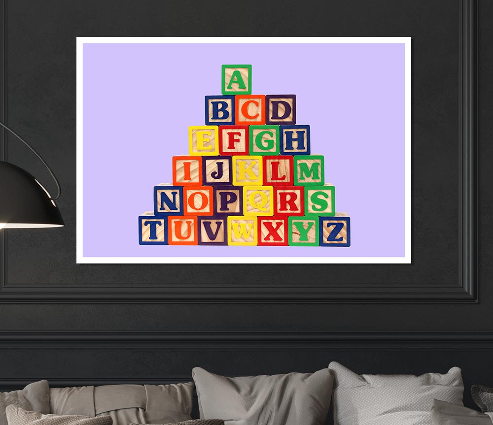 A charming lilac-colored poster featuring playful alphabet blocks, printed on high-quality canvas, perfect for nursery decor.