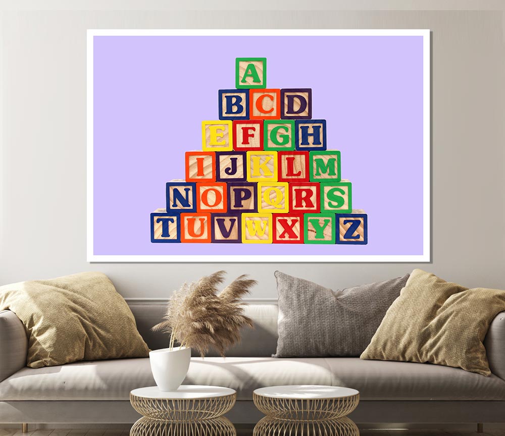 A charming lilac-colored poster featuring playful alphabet blocks, printed on high-quality canvas, perfect for nursery decor.