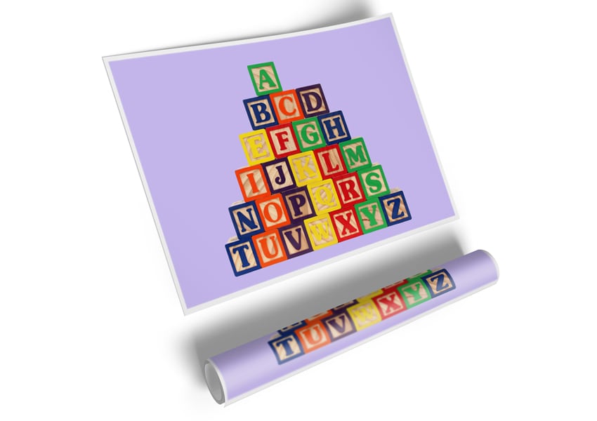 A charming lilac-colored poster featuring playful alphabet blocks, printed on high-quality canvas, perfect for nursery decor.