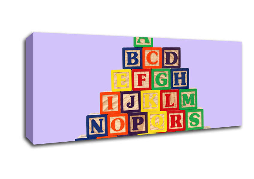 Alphabet Blocks Lilac canvas art featuring colorful letters on a lilac background, mounted on a sturdy box frame, ready to hang.