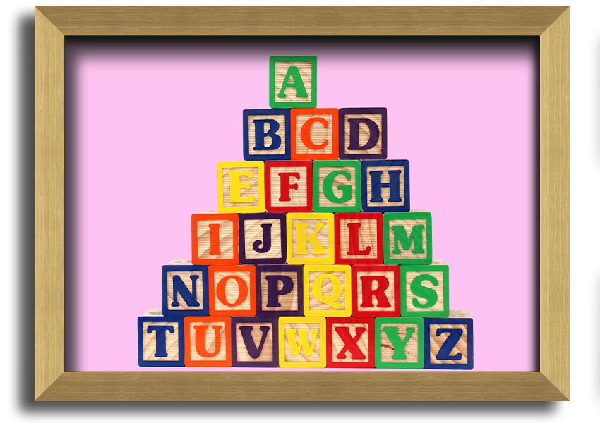 A charming pink framed print featuring colorful alphabet blocks, perfect for nursery decor.