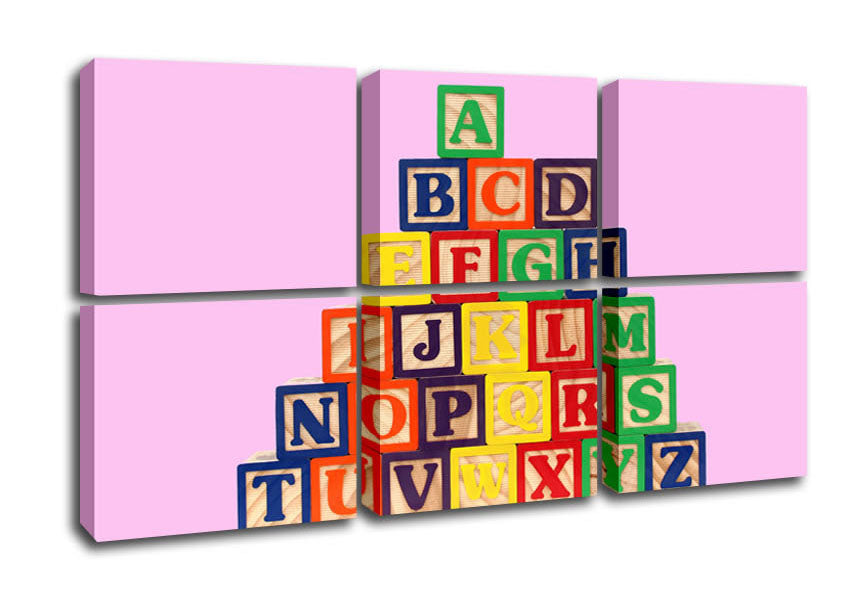 Colorful pink alphabet blocks printed on canvas, mounted on a sturdy box frame, ready to hang in a child's room.